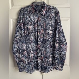 Daupanzees Men’s Blue Paisley Print Long Sleeve Button Up Shirt Size Large
